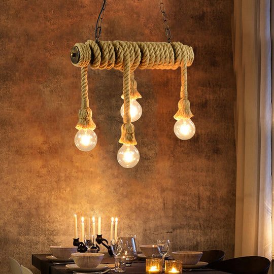 Industrial Style Island Lamp With Rope And 4 Lights - Open Bulb Hanging Light For Dining Room In