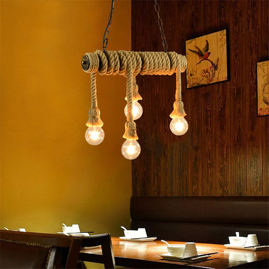 Industrial Style Island Lamp With Rope And 4 Lights - Open Bulb Hanging Light For Dining Room In