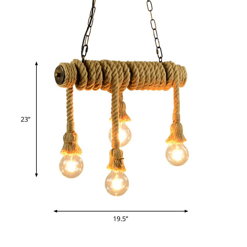 Industrial Style Island Lamp With Rope And 4 Lights - Open Bulb Hanging Light For Dining Room In