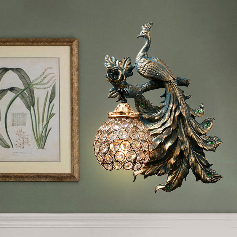 Bronze Resin Peacock Corridor Wall Sconce With Clear Crystal Shade / Right