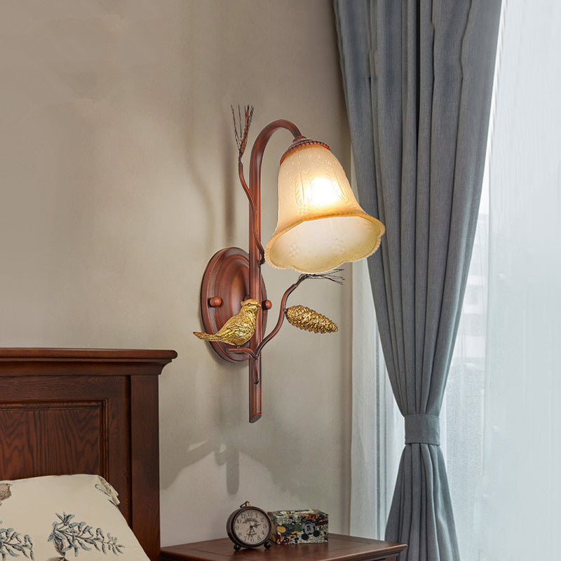 Country Style Amber Glass Wall Sconce With Bird Accent In Copper For Living Room 1 /