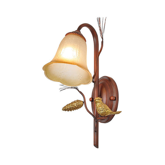 Country Style Amber Glass Wall Sconce With Bird Accent In Copper For Living Room