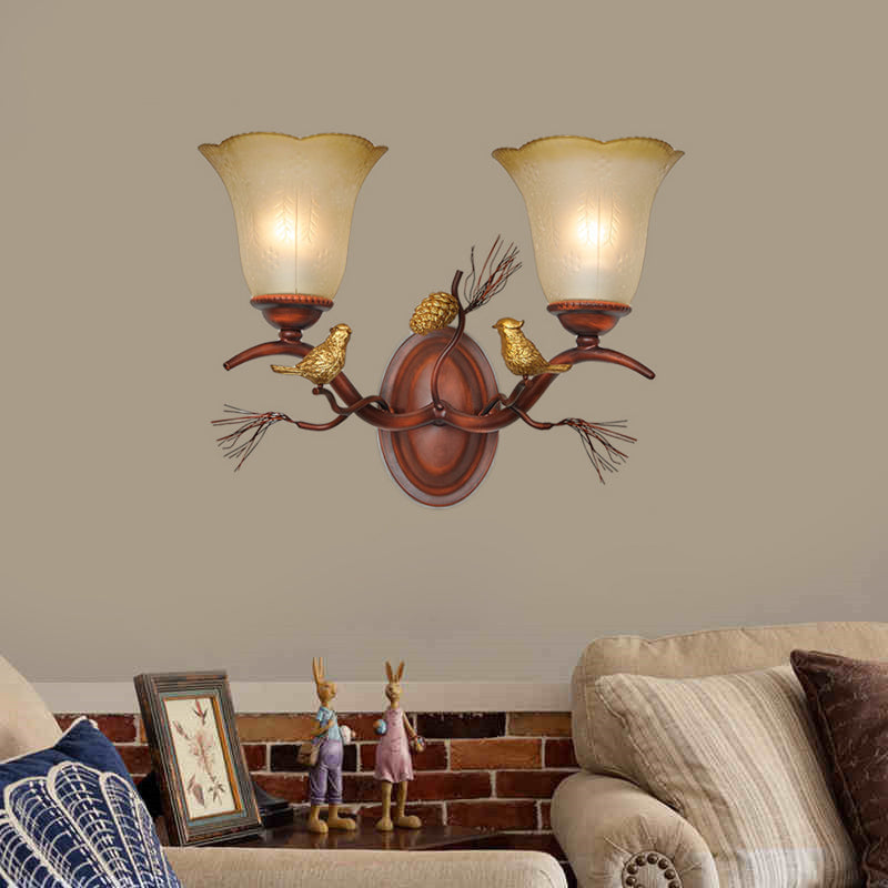 Country Style Amber Glass Wall Sconce With Bird Accent In Copper For Living Room