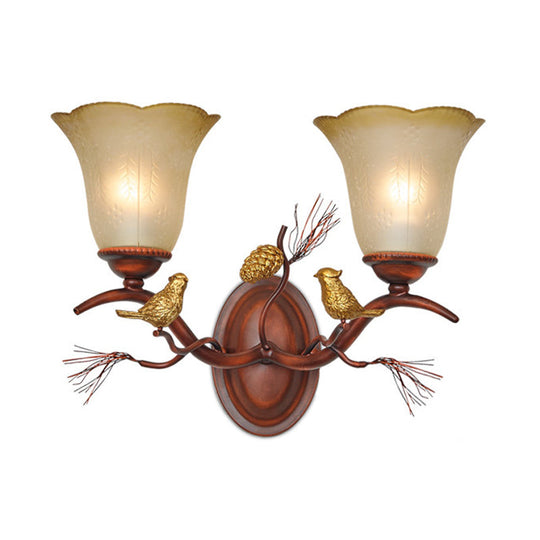 Country Style Amber Glass Wall Sconce With Bird Accent In Copper For Living Room