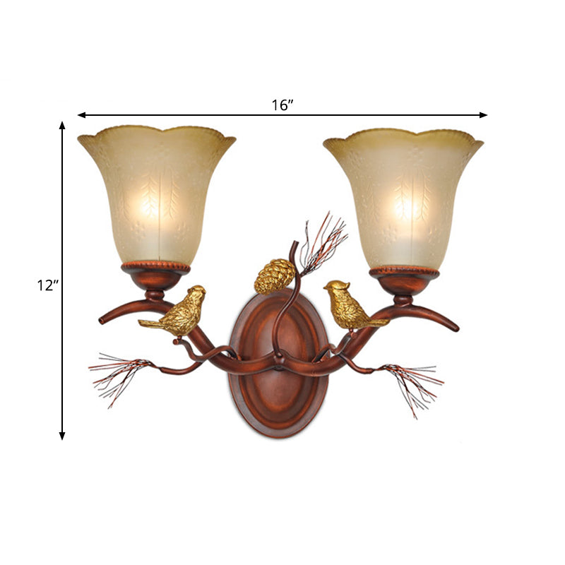 Country Style Amber Glass Wall Sconce With Bird Accent In Copper For Living Room