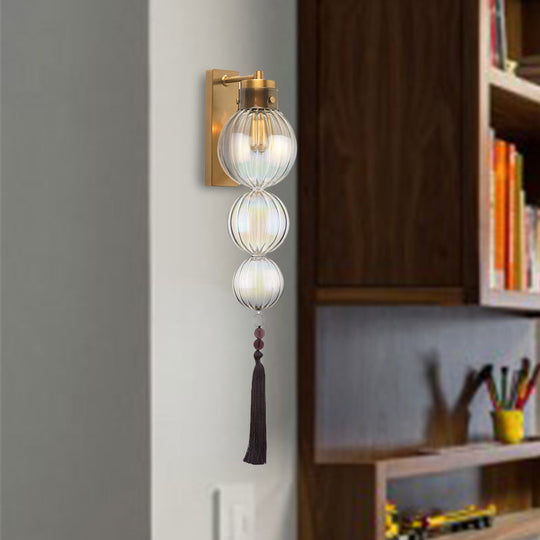 Chinese Style Brass/Chrome Sphere Sconce Light - Clear/Amber/Light Blue Glass Wall Mount Lamp With