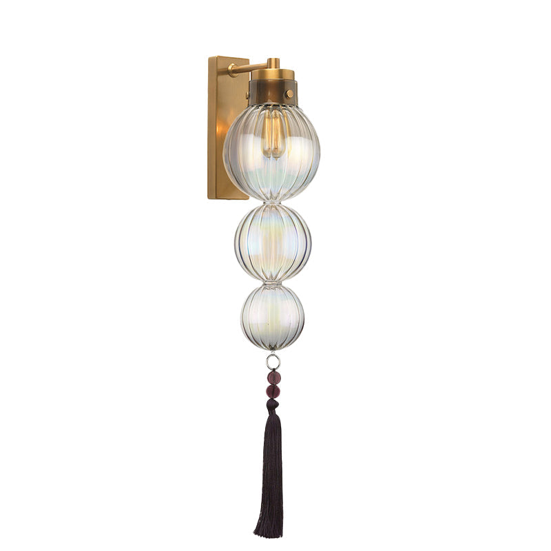 Chinese Style Brass/Chrome Sphere Sconce Light - Clear/Amber/Light Blue Glass Wall Mount Lamp With