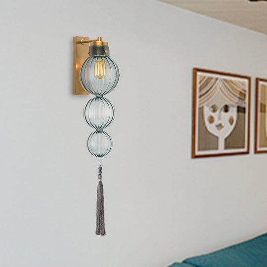 Chinese Style Brass/Chrome Sphere Sconce Light - Clear/Amber/Light Blue Glass Wall Mount Lamp With