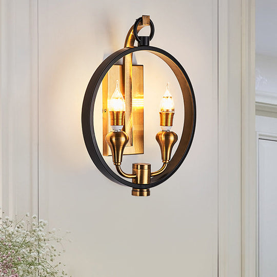 Farmhouse Style Black Metal Ring Sconce - 2 Head Wall Mounted Lamp With Bare Bulb For Corridor