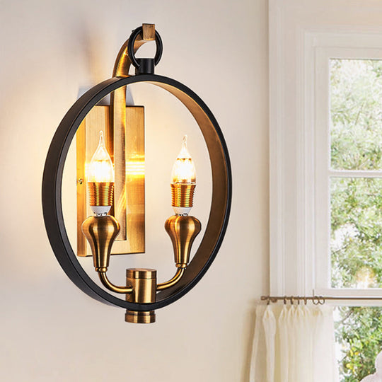 Farmhouse Style Black Metal Ring Sconce - 2 Head Wall Mounted Lamp With Bare Bulb For Corridor