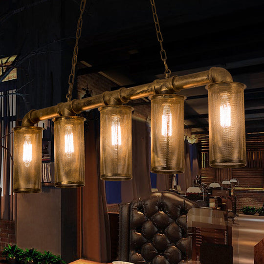 Wrought Iron Pipe Pendant Lighting With 5 Heads - Warehouse Brass Ceiling Light For Restaurant