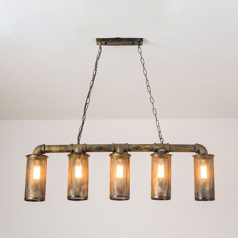 Wrought Iron Pipe Pendant Lighting With 5 Heads - Warehouse Brass Ceiling Light For Restaurant