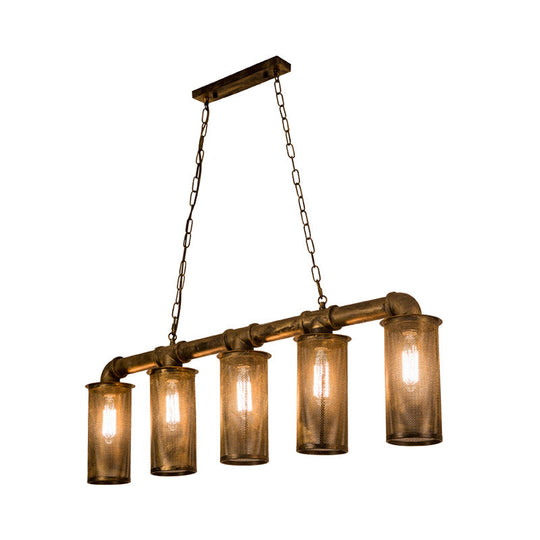 Wrought Iron Pipe Pendant Lighting With 5 Heads - Warehouse Brass Ceiling Light For Restaurant