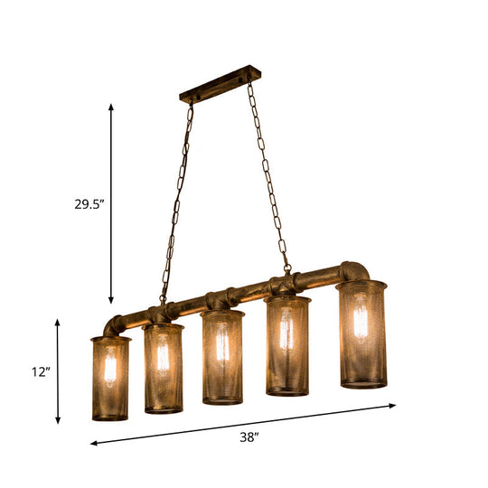 Wrought Iron Pipe Pendant Lighting With 5 Heads - Warehouse Brass Ceiling Light For Restaurant