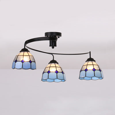 Tiffany Style Stained Glass Semi Flushmount Ceiling Light - 3 Lights White/Clear/Blue Shade Clear