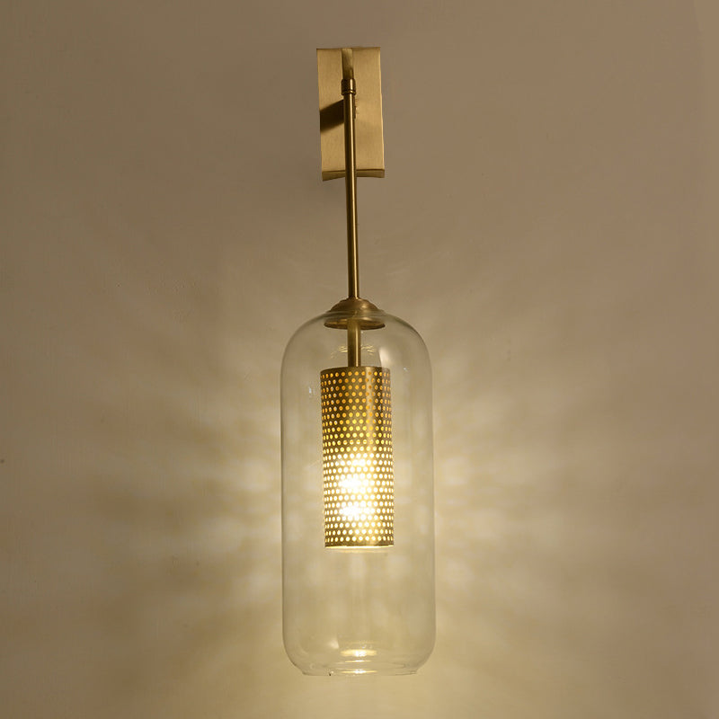 Golden Cylinder Wall Lamp With Clear Glass Sconce - Simple Bedroom Lighting Fixture