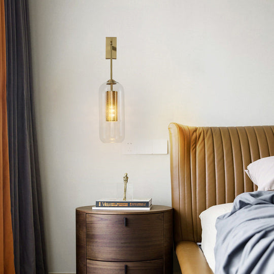 Golden Cylinder Wall Lamp With Clear Glass Sconce - Simple Bedroom Lighting Fixture