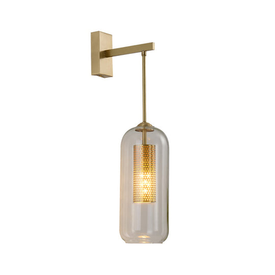 Golden Cylinder Wall Lamp With Clear Glass Sconce - Simple Bedroom Lighting Fixture