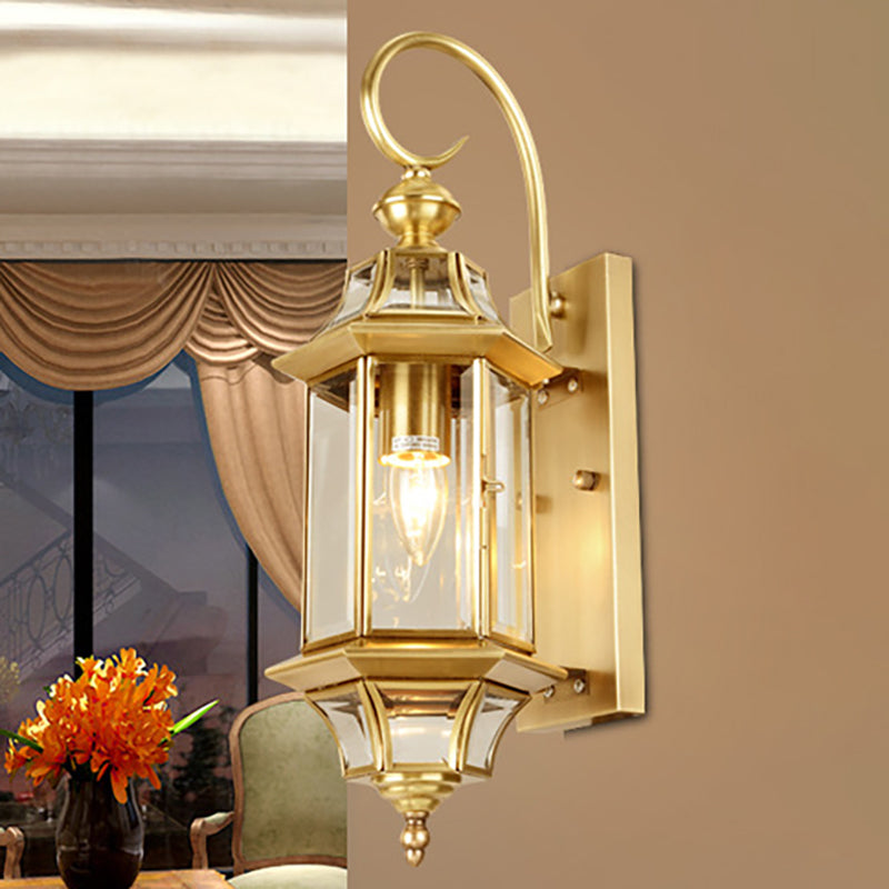 Traditional Gold Metal Wall Lamp With Clear Glass Shade For Living Room