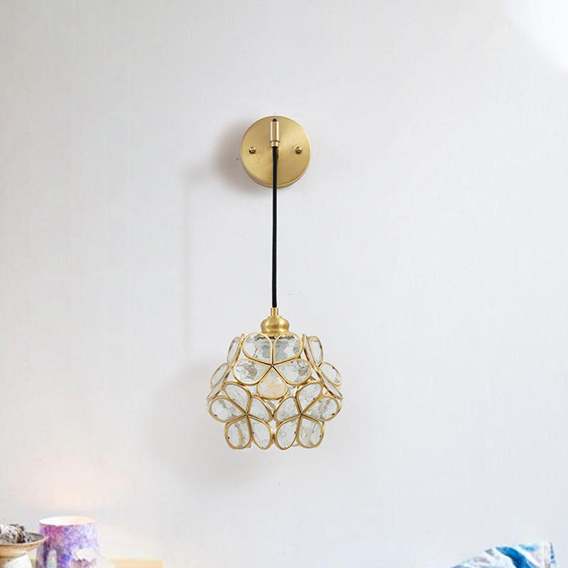 Modernist 1-Bulb Bedside Sconce Light: Brass Floral Ball Wall Lamp With Glass Shades