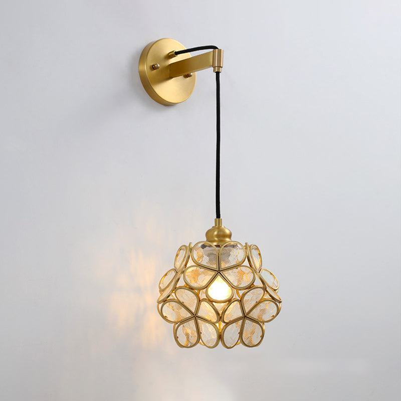 Modernist 1-Bulb Bedside Sconce Light: Brass Floral Ball Wall Lamp With Glass Shades