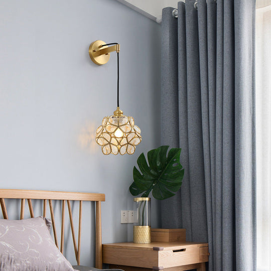 Modernist 1-Bulb Bedside Sconce Light: Brass Floral Ball Wall Lamp With Glass Shades