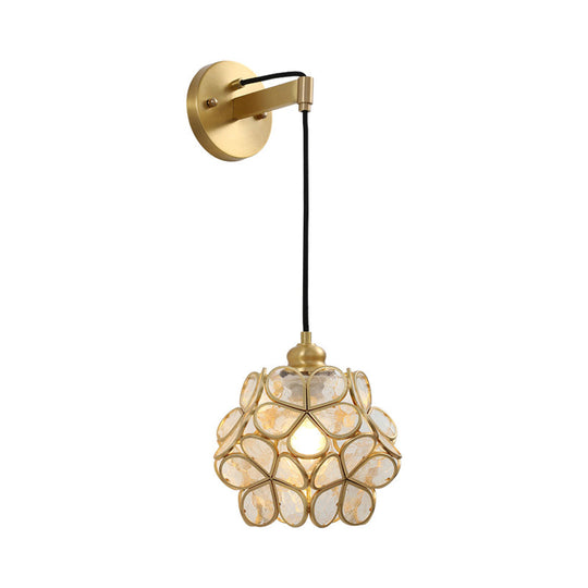 Modernist 1-Bulb Bedside Sconce Light: Brass Floral Ball Wall Lamp With Glass Shades