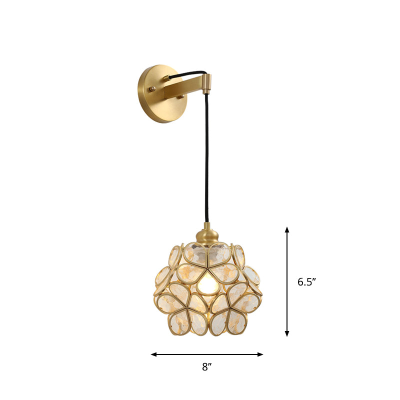 Modernist 1-Bulb Bedside Sconce Light: Brass Floral Ball Wall Lamp With Glass Shades