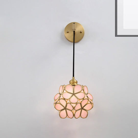 Modernist 1-Bulb Bedside Sconce Light: Brass Floral Ball Wall Lamp With Glass Shades