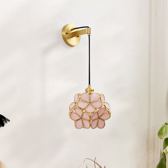 Modernist 1-Bulb Bedside Sconce Light: Brass Floral Ball Wall Lamp With Glass Shades