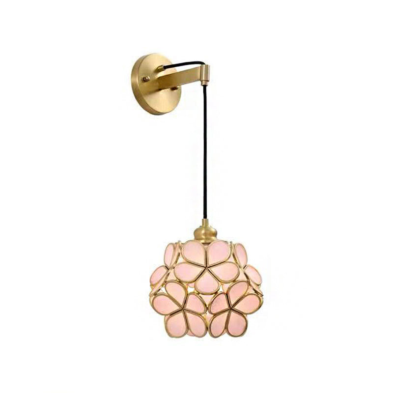 Modernist 1-Bulb Bedside Sconce Light: Brass Floral Ball Wall Lamp With Glass Shades