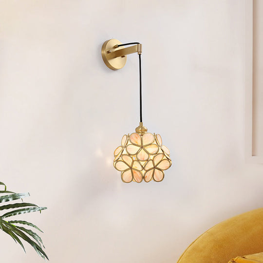 Modernist 1-Bulb Bedside Sconce Light: Brass Floral Ball Wall Lamp With Glass Shades