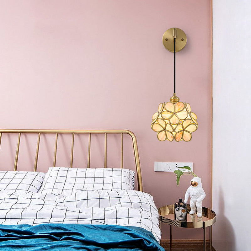 Modernist 1-Bulb Bedside Sconce Light: Brass Floral Ball Wall Lamp With Glass Shades