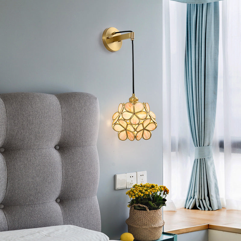 Modernist 1-Bulb Bedside Sconce Light: Brass Floral Ball Wall Lamp With Glass Shades