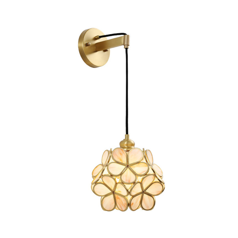 Modernist 1-Bulb Bedside Sconce Light: Brass Floral Ball Wall Lamp With Glass Shades