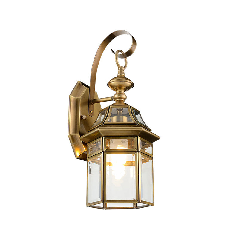 Brass Lantern Wall Lamp With Clear Glass Pane For Outdoor Lighting