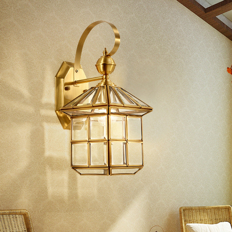 Traditional Cage Metal Sconce Light - Brass Bedroom Wall Fixture With 1-Bulb