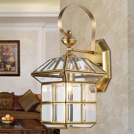 Traditional Cage Metal Sconce Light - Brass Bedroom Wall Fixture With 1-Bulb