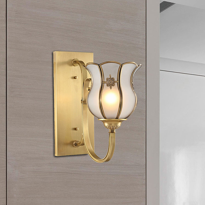 Traditional Brass Wall Sconce With Bevel Glass Shade - 1-Head Metal Light For Living Room