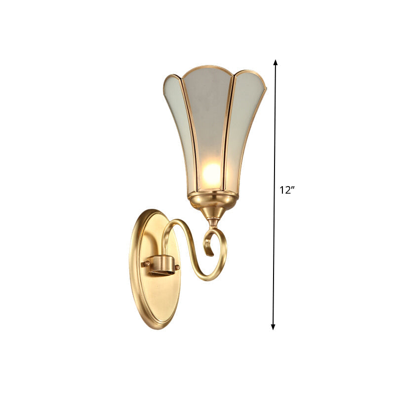 Floral Living Room Wall Lamp - Traditional Metal Design With Brass Finish & White Bevel Glass Shade