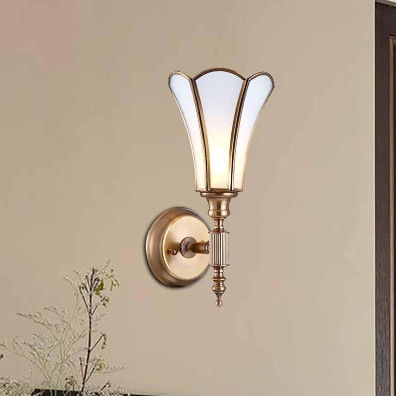 Traditional Brass Wall Lamp With 1-Light Sconce Metal Flower Design & Milk Bevel Glass Shade