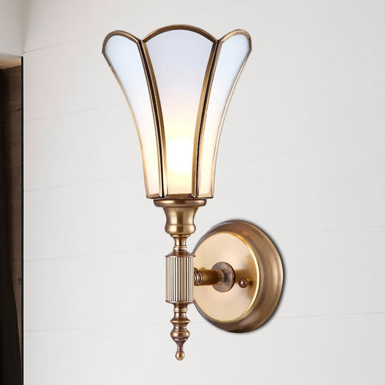 Traditional Brass Wall Lamp With 1-Light Sconce Metal Flower Design & Milk Bevel Glass Shade