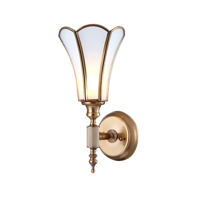 Traditional Brass Wall Lamp With 1-Light Sconce Metal Flower Design & Milk Bevel Glass Shade