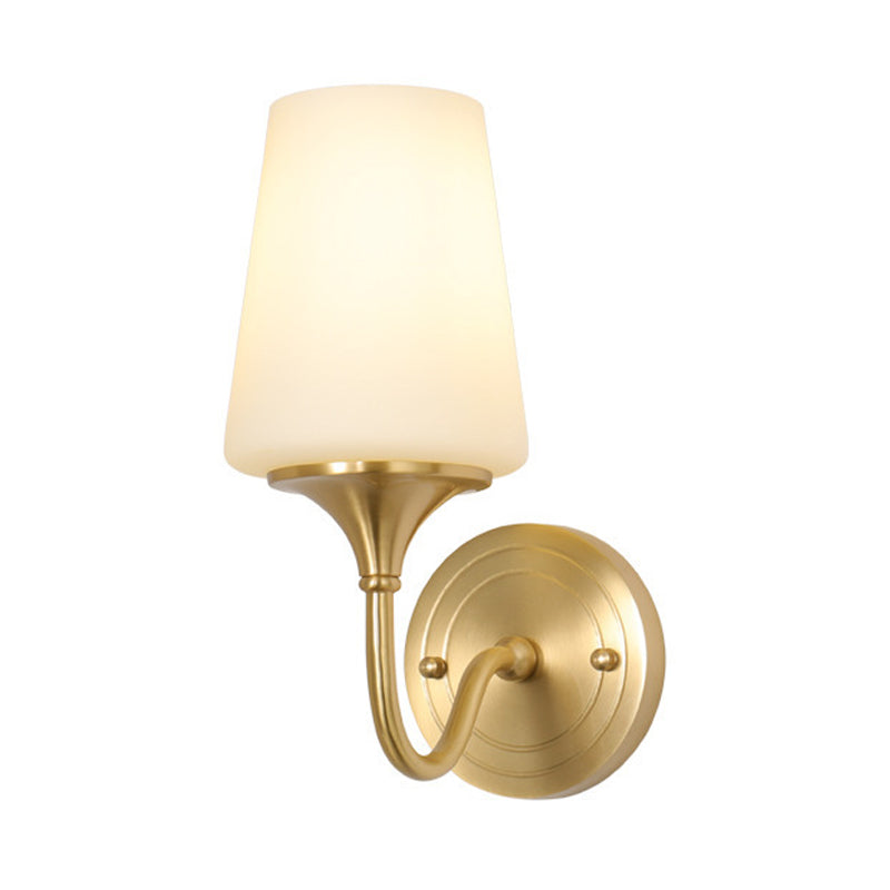 Contemporary 1/2-Bulb White Glass Wall Sconce Lighting With Brass Cone Shade For Bedroom