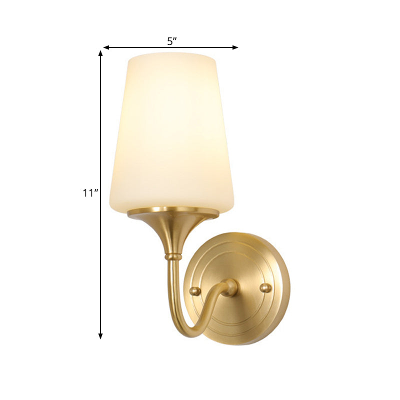 Contemporary 1/2-Bulb White Glass Wall Sconce Lighting With Brass Cone Shade For Bedroom