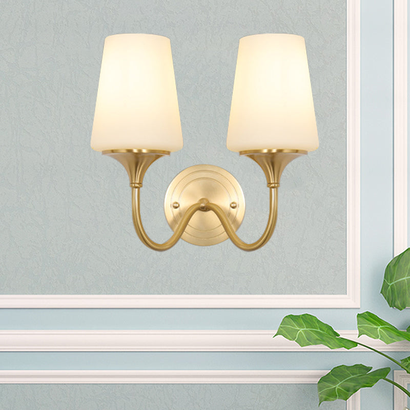 Contemporary 1/2-Bulb White Glass Wall Sconce Lighting With Brass Cone Shade For Bedroom 2 /