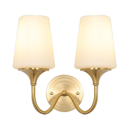 Contemporary 1/2-Bulb White Glass Wall Sconce Lighting With Brass Cone Shade For Bedroom