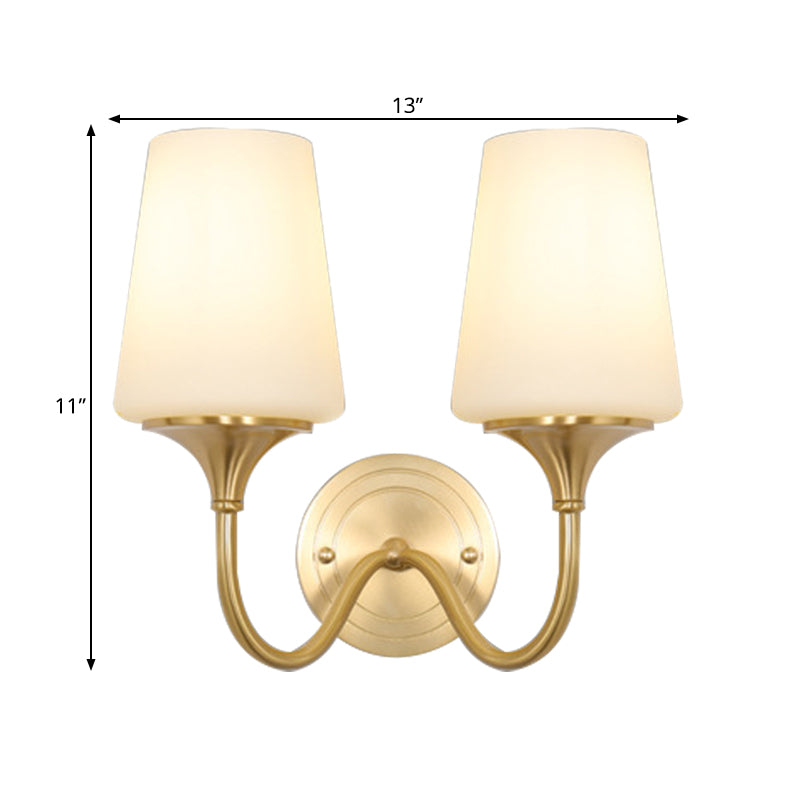 Contemporary 1/2-Bulb White Glass Wall Sconce Lighting With Brass Cone Shade For Bedroom