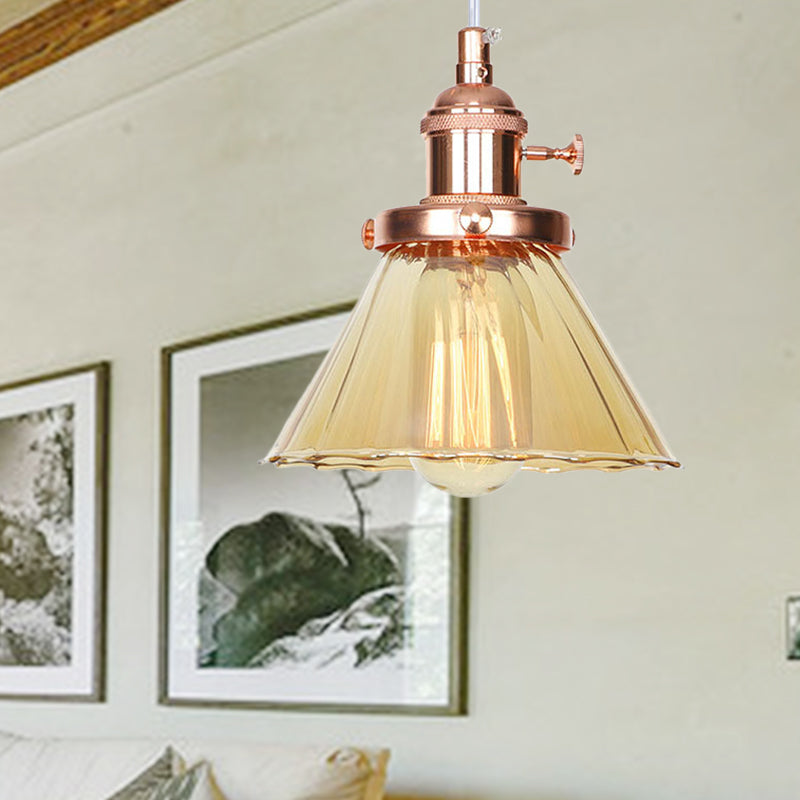 Height-Adjustable 1-Light Industrial Conic Pendant Lamp with Amber/Clear Glass for Coffee Shops - Available in Black, Bronze, and Brass