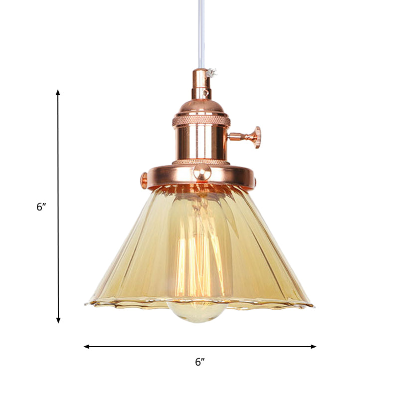 Height-Adjustable 1-Light Industrial Conic Pendant Lamp with Amber/Clear Glass for Coffee Shops - Available in Black, Bronze, and Brass